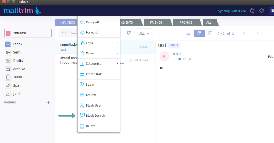 domain blocking in mailtrim